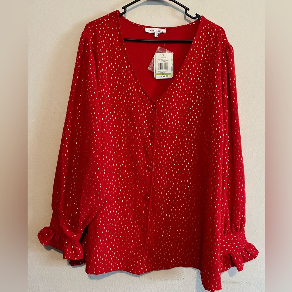 Red V-Neck Blouse with Gold Dot Print